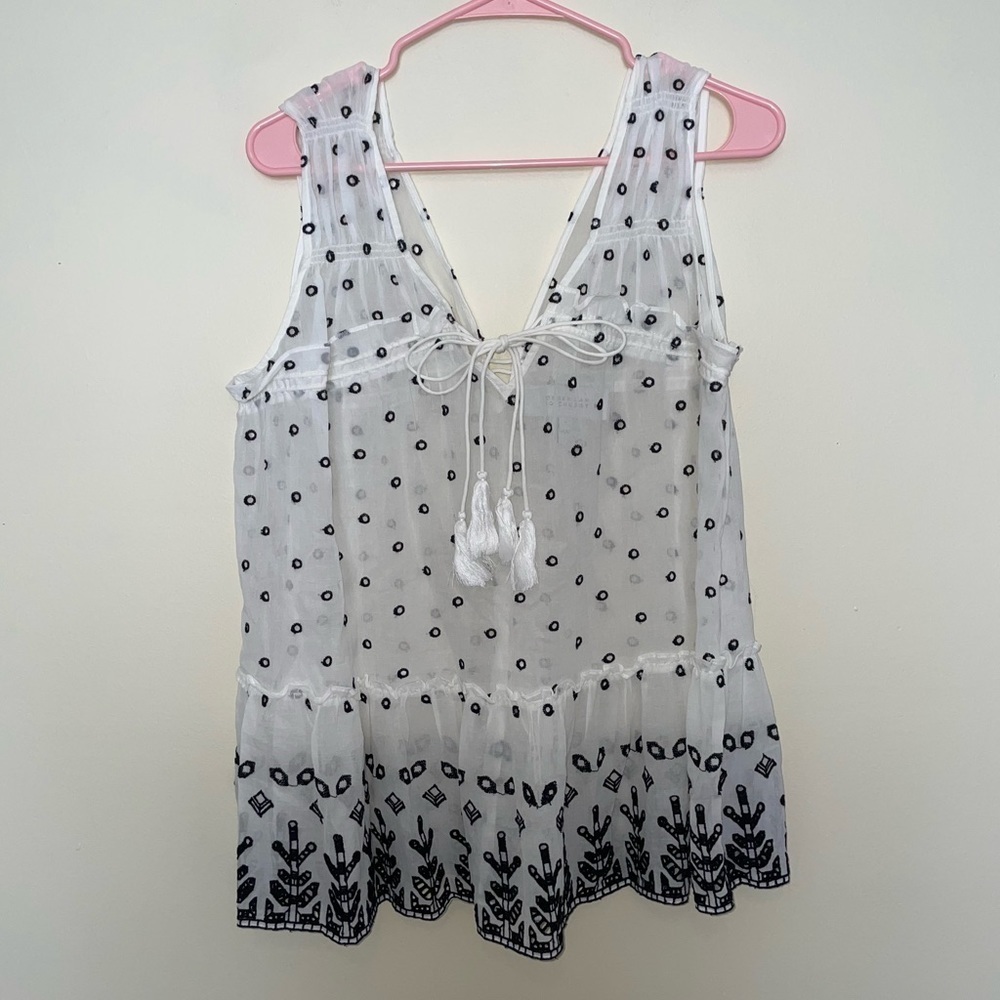 Derek Lam 10 Crosby White and Black Embrodiered Flowy Eyelet Tank Top Size 8